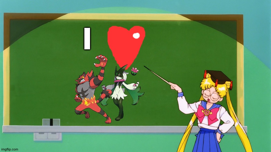 Sailor moon is a huge fan of Incineroar and Meowscarada as a couple | I | image tagged in sailor moon chalkboard | made w/ Imgflip meme maker