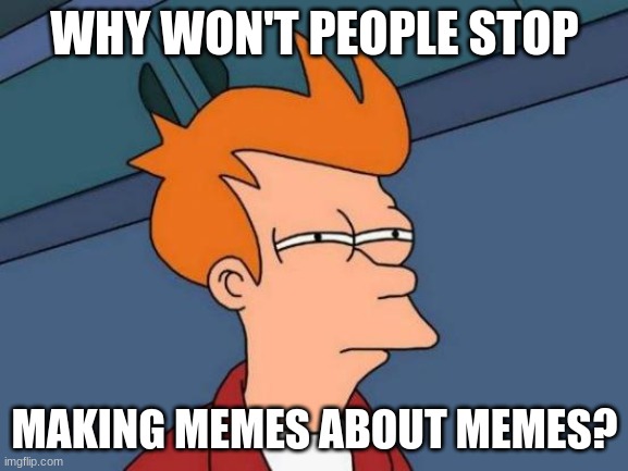 why though? | WHY WON'T PEOPLE STOP; MAKING MEMES ABOUT MEMES? | image tagged in memes,futurama fry | made w/ Imgflip meme maker