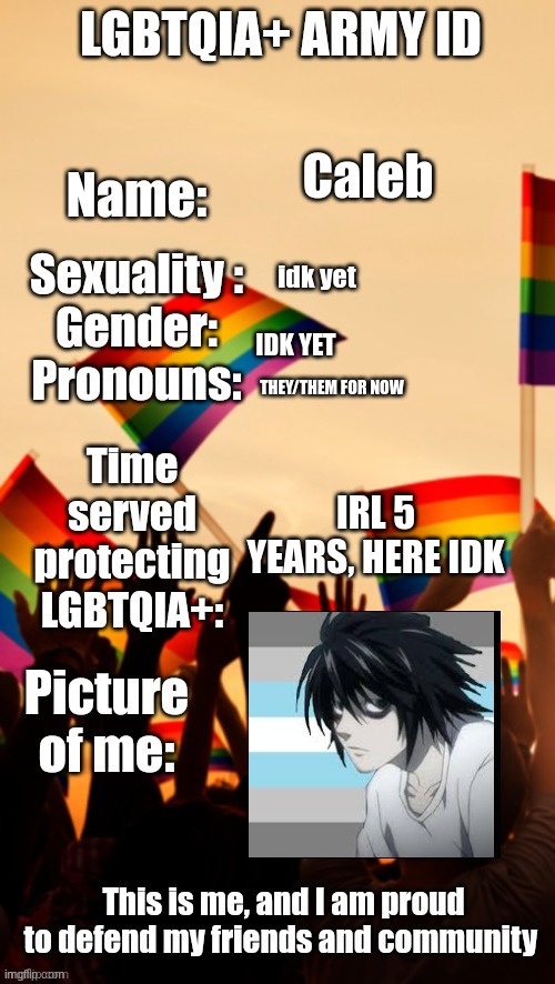 LGBTQIA+ Army ID | Caleb; idk yet; IDK YET; THEY/THEM FOR NOW; IRL 5 YEARS, HERE IDK | image tagged in lgbtqia army id | made w/ Imgflip meme maker