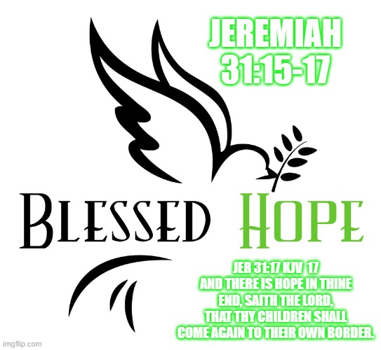 Blessed Hope | JEREMIAH 31:15-17; JER 31:17 KJV  17 AND THERE IS HOPE IN THINE END, SAITH THE LORD, THAT THY CHILDREN SHALL COME AGAIN TO THEIR OWN BORDER. | image tagged in bible verse | made w/ Imgflip meme maker