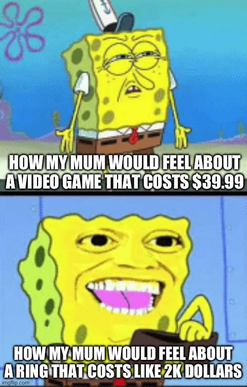 I guess I have to wait until Christmas… | HOW MY MUM WOULD FEEL ABOUT A VIDEO GAME THAT COSTS $39.99; HOW MY MUM WOULD FEEL ABOUT A RING THAT COSTS LIKE 2K DOLLARS | image tagged in spongebob money,memes,money,relatable | made w/ Imgflip meme maker