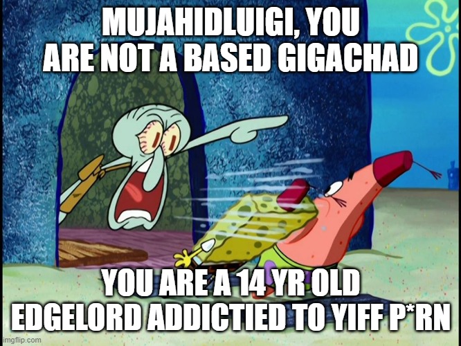 Squidward Screaming | MUJAHIDLUIGI, YOU ARE NOT A BASED GIGACHAD; YOU ARE A 14 YR OLD EDGELORD ADDICTIED TO YIFF P*RN | image tagged in squidward screaming | made w/ Imgflip meme maker
