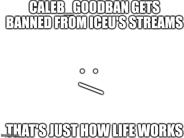 Sorry Caleb_Goodban | CALEB_GOODBAN GETS BANNED FROM ICEU'S STREAMS; : /; THAT'S JUST HOW LIFE WORKS | image tagged in that's how life works,caleb_goodban,iceu | made w/ Imgflip meme maker