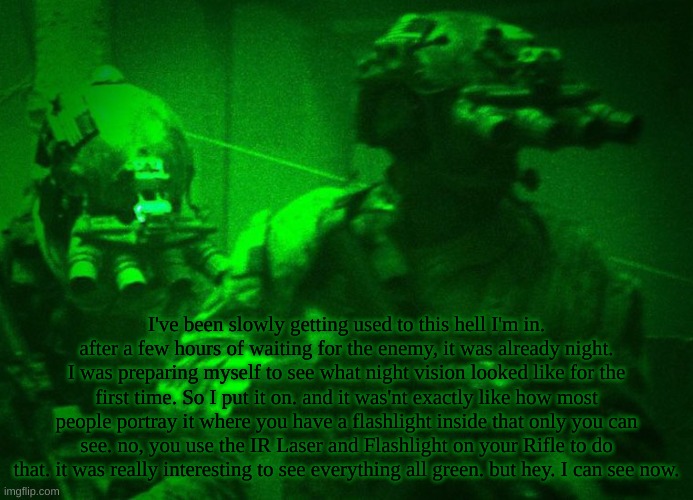 Foxston Files:Jade and Lt Fox Vixen Chapter 2 preview | I've been slowly getting used to this hell I'm in. after a few hours of waiting for the enemy, it was already night. I was preparing myself to see what night vision looked like for the first time. So I put it on. and it was'nt exactly like how most people portray it where you have a flashlight inside that only you can see. no, you use the IR Laser and Flashlight on your Rifle to do that. it was really interesting to see everything all green. but hey. I can see now. | image tagged in foxston files,cartoon,movie,north korea,military,war | made w/ Imgflip meme maker