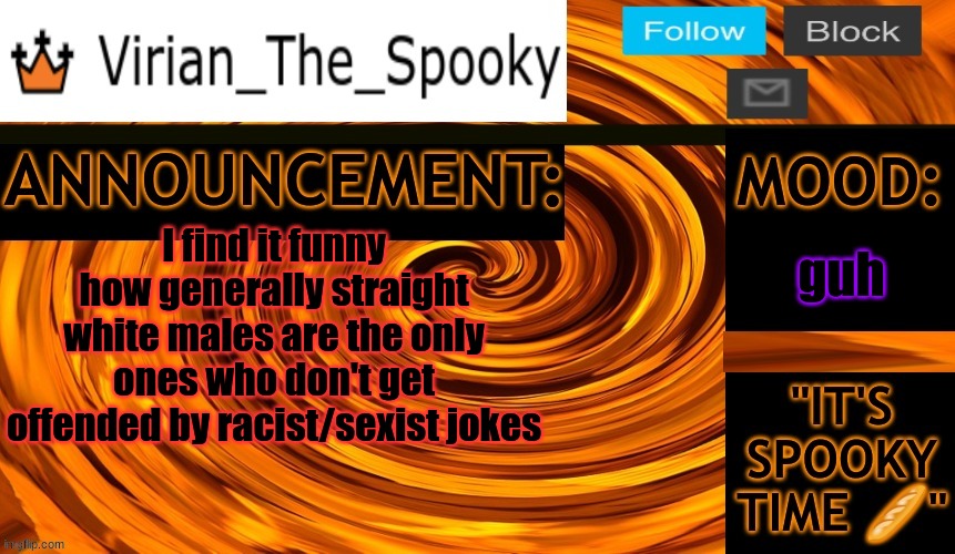 Virian ann temp | guh; I find it funny how generally straight white males are the only ones who don't get offended by racist/sexist jokes | image tagged in virian ann temp | made w/ Imgflip meme maker