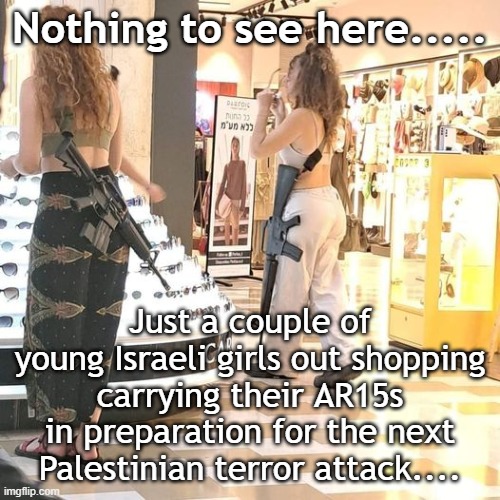 IDF | Nothing to see here..... Just a couple of young Israeli girls out shopping carrying their AR15s in preparation for the next Palestinian terror attack.... | made w/ Imgflip meme maker