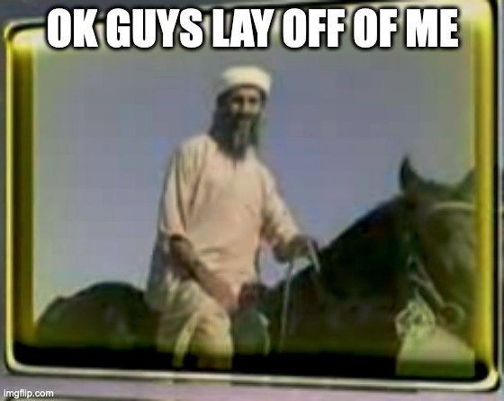 osama on horse | OK GUYS LAY OFF OF ME | image tagged in osama on horse | made w/ Imgflip meme maker