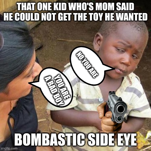 all the non spoiled kids | THAT ONE KID WHO'S MOM SAID HE COULD NOT GET THE TOY HE WANTED; NO YOU ARE; YOU ARE A BAD BOY; BOMBASTIC SIDE EYE | image tagged in memes,third world skeptical kid | made w/ Imgflip meme maker
