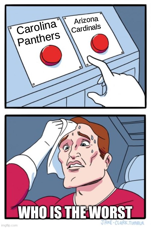 Two Buttons | Arizona Cardinals; Carolina Panthers; WHO IS THE WORST | image tagged in memes,two buttons | made w/ Imgflip meme maker