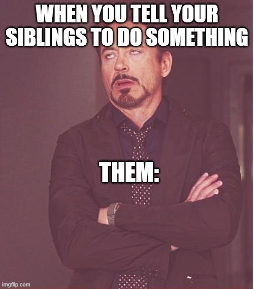 Face You Make Robert Downey Jr | WHEN YOU TELL YOUR SIBLINGS TO DO SOMETHING; THEM: | image tagged in memes,face you make robert downey jr | made w/ Imgflip meme maker