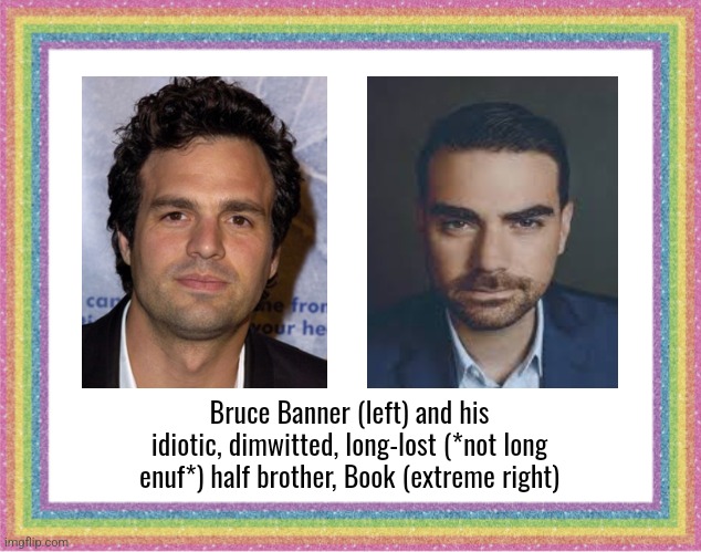 Bruce Banner & Half-wit Numbskull Brother, 'Book' | Bruce Banner (left) and his idiotic, dimwitted, long-lost (*not long enuf*) half brother, Book (extreme right) | image tagged in book banning | made w/ Imgflip meme maker