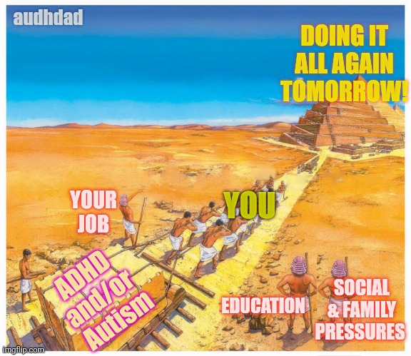 Dragging your ND to the pyramid | DOING IT ALL AGAIN TOMORROW! audhdad; YOU; YOUR
JOB; ADHD 
and/or 
Autism; SOCIAL & FAMILY PRESSURES; EDUCATION | image tagged in drag it to the pyramid | made w/ Imgflip meme maker