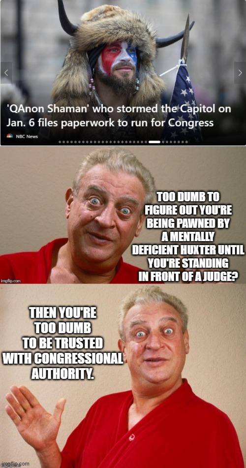 Easy-peasy | TOO DUMB TO FIGURE OUT YOU'RE BEING PAWNED BY A MENTALLY DEFICIENT HUXTER UNTIL YOU'RE STANDING IN FRONT OF A JUDGE? THEN YOU'RE TOO DUMB TO BE TRUSTED WITH CONGRESSIONAL AUTHORITY. | image tagged in rodney dangerfield,magataur,moron | made w/ Imgflip meme maker