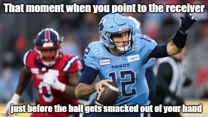 chad fumble | That moment when you point to the receiver; just before the ball gets smacked out of your hand | image tagged in cfl east finals football | made w/ Imgflip meme maker