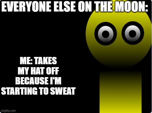 Okay... how is he not dead? | EVERYONE ELSE ON THE MOON:; ME: TAKES MY HAT OFF BECAUSE I'M STARTING TO SWEAT | image tagged in yellow thing blank stare | made w/ Imgflip meme maker