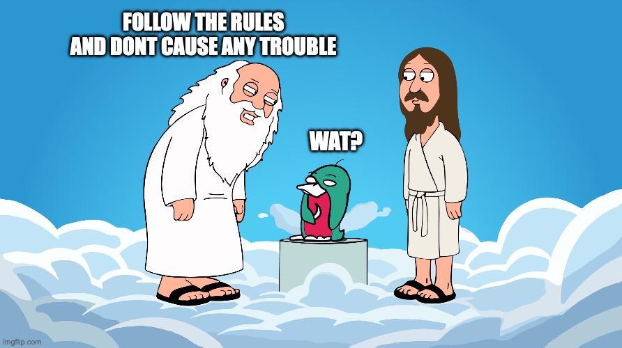 wat? | FOLLOW THE RULES AND DONT CAUSE ANY TROUBLE; WAT? | image tagged in wassie god | made w/ Imgflip meme maker
