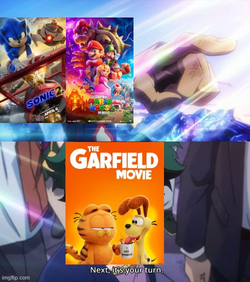 Video Game & Comic characters Movies (Garfield Movie) | image tagged in all might pointing | made w/ Imgflip meme maker