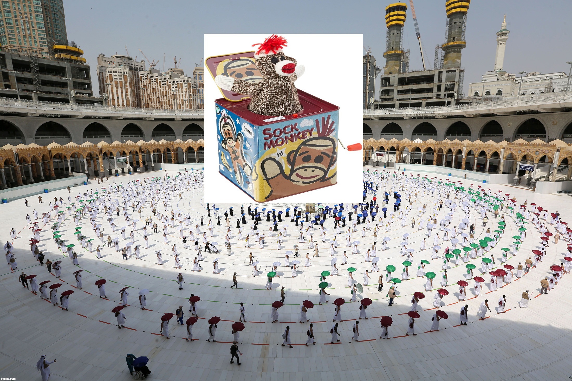 Sock Monkey at the Haaj. It was bound to happen sooner or later. | image tagged in sock monkey,jack in the box,haaj,mecca,bad photoshop,photoshop | made w/ Imgflip meme maker