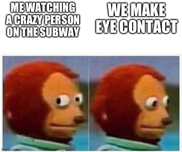 Monkey Puppet | ME WATCHING A CRAZY PERSON ON THE SUBWAY; WE MAKE EYE CONTACT | image tagged in memes,monkey puppet | made w/ Imgflip meme maker