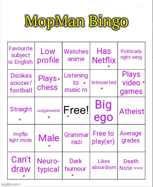 MopMan Bingo | image tagged in mopman bingo | made w/ Imgflip meme maker