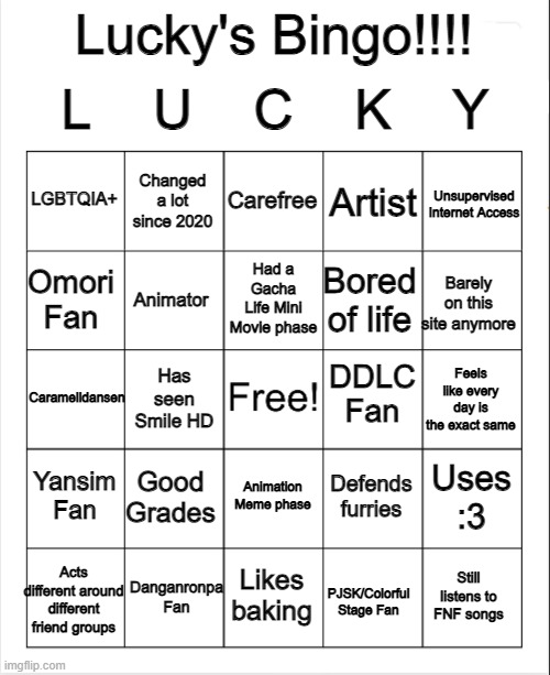 Blank Bingo | L    U    C    K    Y; Lucky's Bingo!!!! Carefree; Unsupervised Internet Access; Changed a lot since 2020; LGBTQIA+; Artist; Had a Gacha Life Mini Movie phase; Omori Fan; Barely on this site anymore; Bored of life; Animator; DDLC Fan; Feels like every day is the exact same; Caramelldansen; Has seen Smile HD; Yansim Fan; Good Grades; Uses :3; Defends furries; Animation Meme phase; Acts different around different friend groups; Danganronpa Fan; Likes baking; Still listens to FNF songs; PJSK/Colorful Stage Fan | image tagged in blank bingo | made w/ Imgflip meme maker