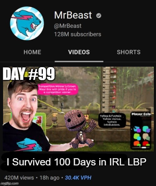 mr beast | DAY #99; I Survived 100 Days in IRL LBP | image tagged in mrbeast thumbnail template | made w/ Imgflip meme maker