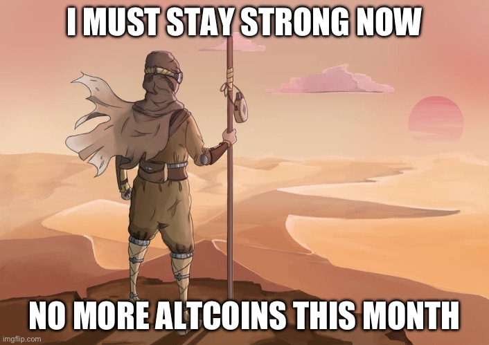 Altcoins | I MUST STAY STRONG NOW; NO MORE ALTCOINS THIS MONTH | image tagged in desert,altcoins,crypto | made w/ Imgflip meme maker