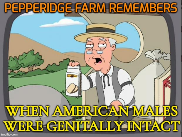 When American Males Were Intact | PEPPERIDGE FARM REMEMBERS; WHEN AMERICAN MALES WERE GENITALLY INTACT | image tagged in pepridge farms,circumcision,nsfw,health,religion,americans | made w/ Imgflip meme maker