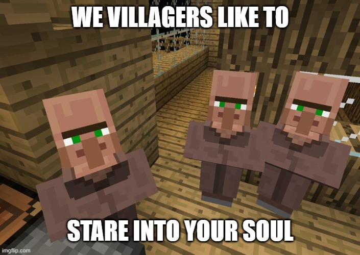 soul starers | WE VILLAGERS LIKE TO; STARE INTO YOUR SOUL | image tagged in minecraft villagers | made w/ Imgflip meme maker