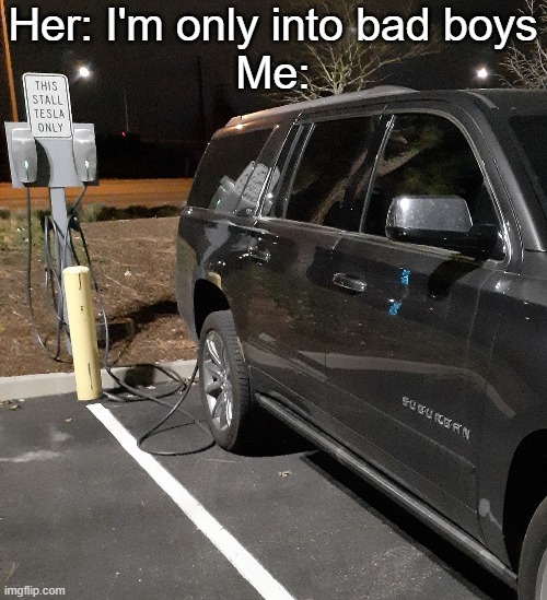 i wish tesla would make a big bulky suv like the suburban so i can assert dominance while saving the turtles | Her: I'm only into bad boys
Me: | image tagged in tesla suburban,im only into bad boys,cars,tesla,memes,chevy | made w/ Imgflip meme maker