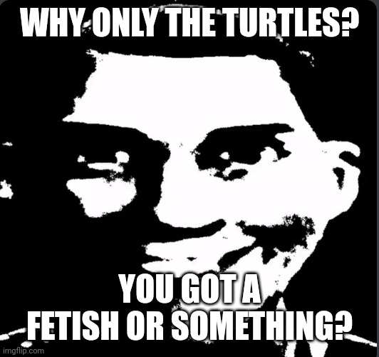 Creepy Laughing | WHY ONLY THE TURTLES? YOU GOT A FETISH OR SOMETHING? | image tagged in creepy laughing | made w/ Imgflip meme maker