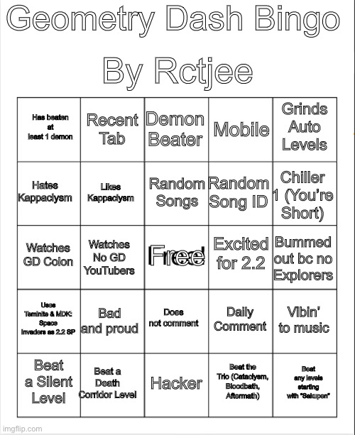 Blank Bingo | Geometry Dash Bingo; By Rctjee; Demon Beater; Recent Tab; Grinds Auto Levels; Has beaten at least 1 demon; Mobile; Random Songs; Hates Kappaclysm; Chiller 1 (You’re Short); Random Song ID; Likes Kappaclysm; Excited for 2.2; Watches GD Colon; Free; Bummed out bc no Explorers; Watches No GD YouTubers; Uses Teminite & MDK: Space Invaders as 2.2 SP; Bad and proud; Does not comment; Vibin’ to music; Daily Comment; Beat a Death Corridor Level; Beat any levels starting with “Sakupen”; Beat a Silent Level; Hacker; Beat the Trio (Cataclysm, Bloodbath, Aftermath) | image tagged in gd bingo,geometry dash | made w/ Imgflip meme maker