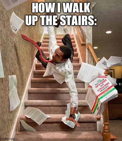 Falling down the stairs | HOW I WALK UP THE STAIRS: | image tagged in falling down the stairs | made w/ Imgflip meme maker