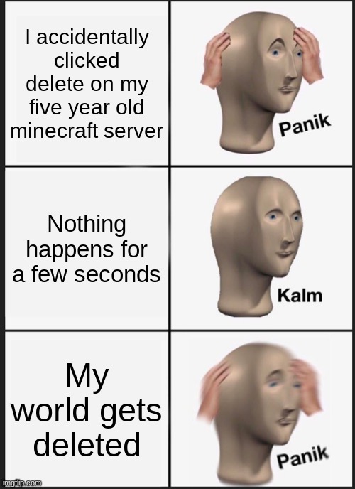 :| | I accidentally clicked delete on my five year old minecraft server; Nothing happens for a few seconds; My world gets deleted | image tagged in memes,panik kalm panik | made w/ Imgflip meme maker
