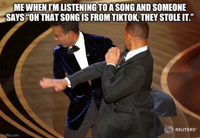 TikTok addicts are the worst | ME WHEN I’M LISTENING TO A SONG AND SOMEONE SAYS “OH THAT SONG IS FROM TIKTOK, THEY STOLE IT.” | image tagged in will smith punching chris rock,meme | made w/ Imgflip meme maker