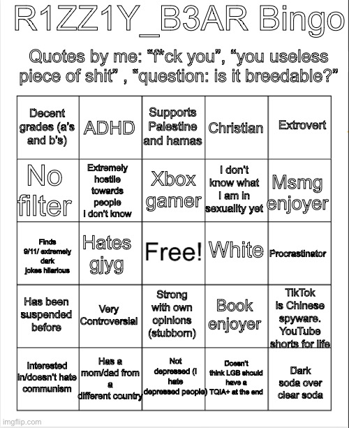 Use this template | R1ZZ1Y_B3AR Bingo; Quotes by me: “f*ck you”, “you useless piece of shit” , “question: is it breedable?”; Supports Palestine and hamas; ADHD; Extrovert; Decent grades (a’s and b’s); Christian; Extremely hostile towards people i don’t know; Xbox gamer; No filter; Msmg enjoyer; I don’t know what I am in sexuality yet; White; Finds 9/11/ extremely dark jokes hilarious; Hates gjyg; Procrastinator; TikTok is Chinese spyware. YouTube shorts for life; Has been suspended before; Very Controversial; Strong with own opinions (stubborn); Book enjoyer; Not depressed (I hate depressed people); Interested in/doesn’t hate communism; Has a mom/dad from a different country; Doesn’t think LGB should have a TQIA+ at the end; Dark soda over clear soda | image tagged in blank bingo | made w/ Imgflip meme maker