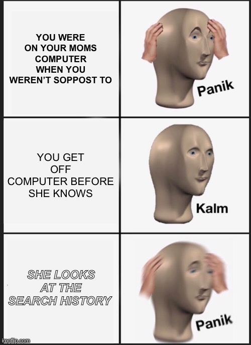 Long Story Short Wait To Get Your Own Compooter | YOU WERE ON YOUR MOMS COMPUTER WHEN YOU WEREN’T SOPPOST TO; YOU GET OFF COMPUTER BEFORE SHE KNOWS; SHE LOOKS AT THE SEARCH HISTORY | image tagged in memes,panik kalm panik | made w/ Imgflip meme maker