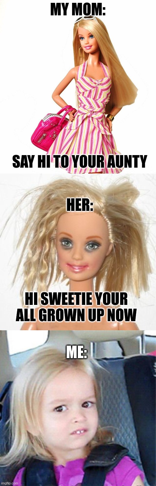 Family members you swear you never knew | MY MOM:; SAY HI TO YOUR AUNTY; HER:; HI SWEETIE YOUR ALL GROWN UP NOW; ME: | image tagged in barbie shopping,barbie estudiante,confused little girl | made w/ Imgflip meme maker