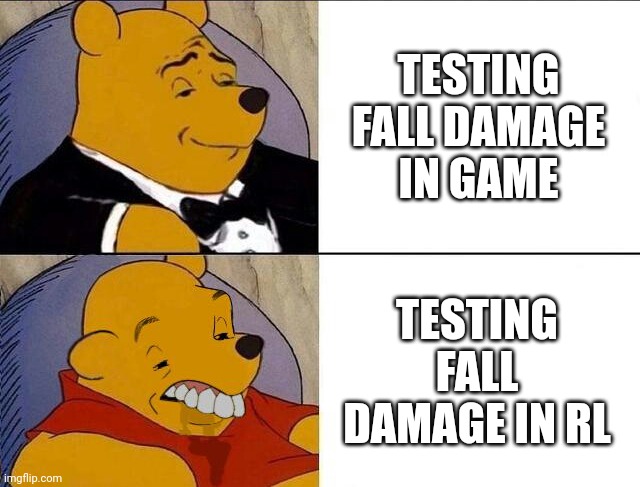 I BELIEVE I CAN NOT DIE | TESTING FALL DAMAGE IN GAME; TESTING FALL DAMAGE IN RL | image tagged in tuxedo winnie the pooh grossed reverse | made w/ Imgflip meme maker