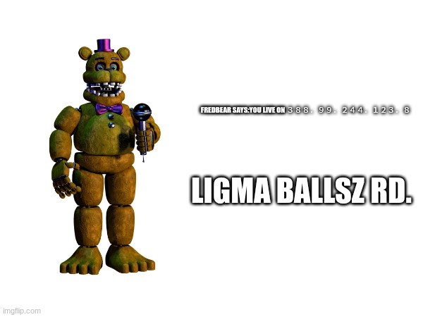 FREDBEAR SAYS:YOU LIVE ON ３８８．９９．２４４．１２３．８ LIGMA BALLSZ RD. | made w/ Imgflip meme maker