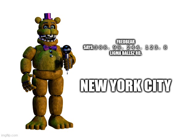 FREDBEAR SAYS:３８８．９９．２４４．１２３．８
LIGMA BALLSZ RD. NEW YORK CITY | made w/ Imgflip meme maker