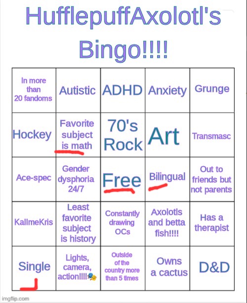 HufflepuffAxolotl's Bingo | image tagged in hufflepuffaxolotl's bingo | made w/ Imgflip meme maker