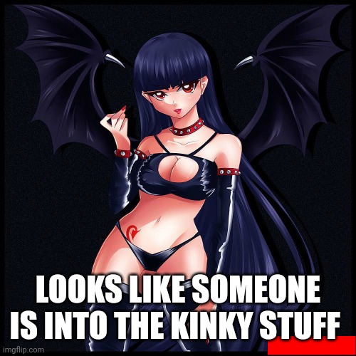 Anime Female Demon | LOOKS LIKE SOMEONE IS INTO THE KINKY STUFF | image tagged in anime female demon | made w/ Imgflip meme maker