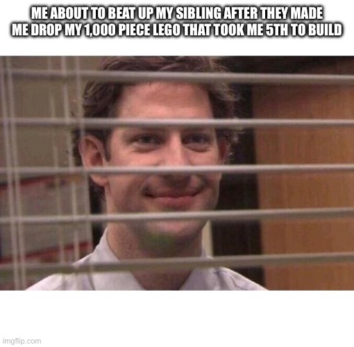 I’m going to beat the shit out of him | ME ABOUT TO BEAT UP MY SIBLING AFTER THEY MADE ME DROP MY 1,000 PIECE LEGO THAT TOOK ME 5TH TO BUILD | image tagged in jim office blinds | made w/ Imgflip meme maker