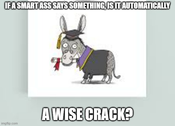 meme by Brad smart ass vs. wise crack | IF A SMART ASS SAYS SOMETHING, IS IT AUTOMATICALLY; A WISE CRACK? | image tagged in humor | made w/ Imgflip meme maker