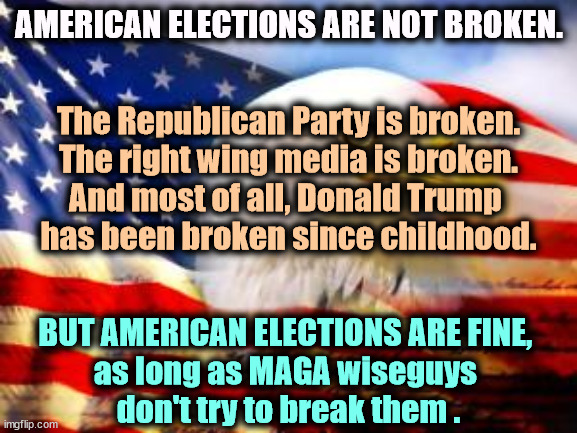 American elections are not broken. Republicans are running crappy candidates. | AMERICAN ELECTIONS ARE NOT BROKEN. The Republican Party is broken.
The right wing media is broken.

And most of all, Donald Trump 
has been broken since childhood. BUT AMERICAN ELECTIONS ARE FINE, 
as long as MAGA wiseguys 
don't try to break them . | image tagged in american flag,american,elections,excellent,maga,destroy | made w/ Imgflip meme maker