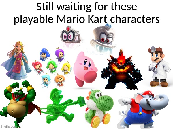 Mario Kart wishlist | Still waiting for these playable Mario Kart characters | image tagged in memes,nintendo,super mario,video games,mario kart | made w/ Imgflip meme maker