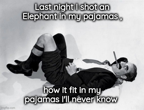 recumbent Groucho | Last night I shot an Elephant in my pajamas , how it fit in my pajamas I'll never know | image tagged in recumbent groucho | made w/ Imgflip meme maker