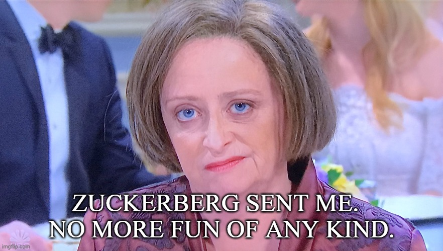 debbie downer facebook no fun | ZUCKERBERG SENT ME.  
NO MORE FUN OF ANY KIND. | image tagged in facebook,facebook jail,zuckerberg | made w/ Imgflip meme maker