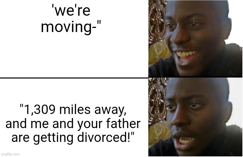 yippee.. | 'we're moving-"; "1,309 miles away, and me and your father are getting divorced!" | image tagged in disappointed black guy | made w/ Imgflip meme maker